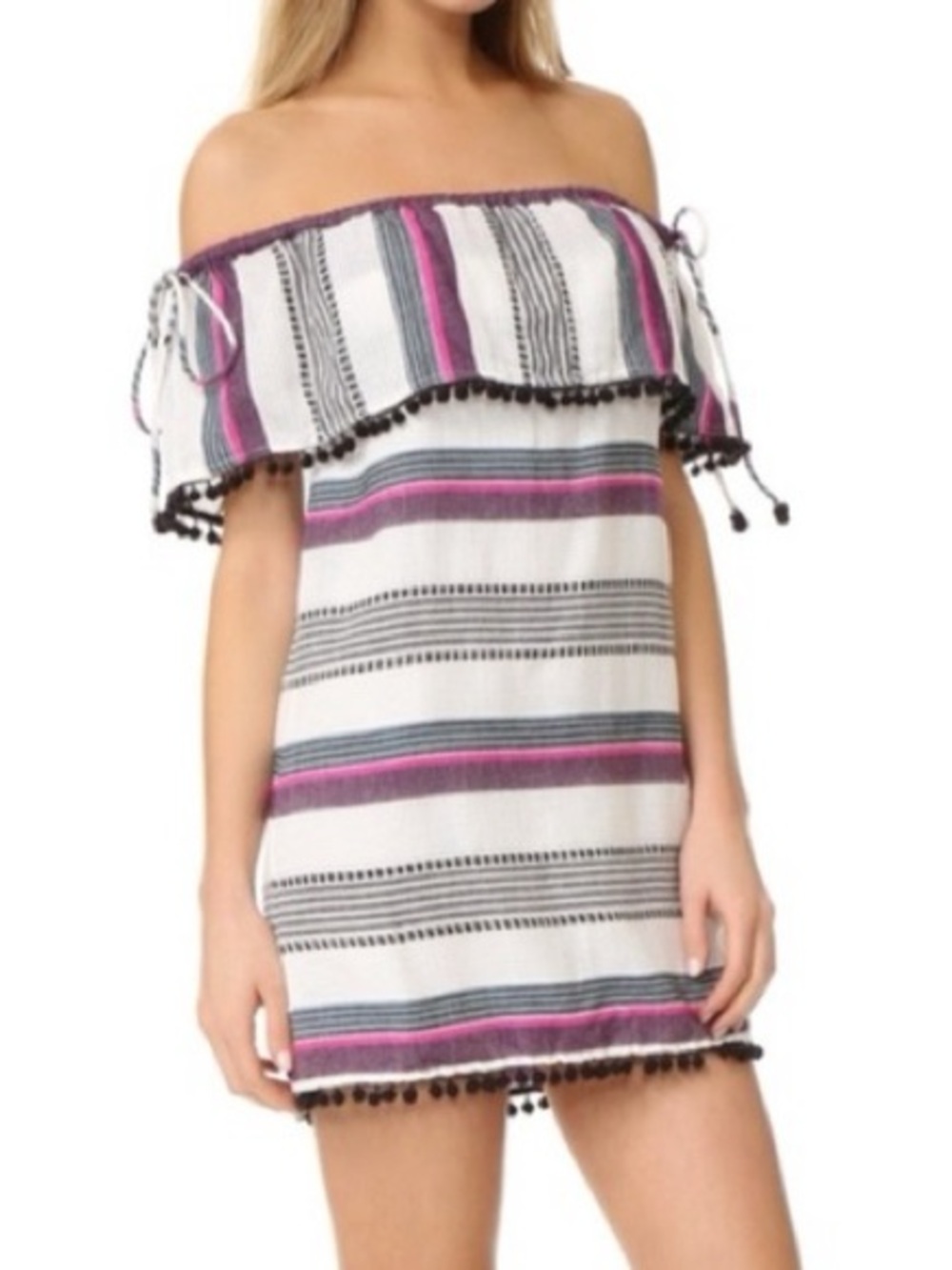 SAYLOR Revolve Angie Popover Off‎ Shoulder Striped Pom Pom Cotton Mini Dress